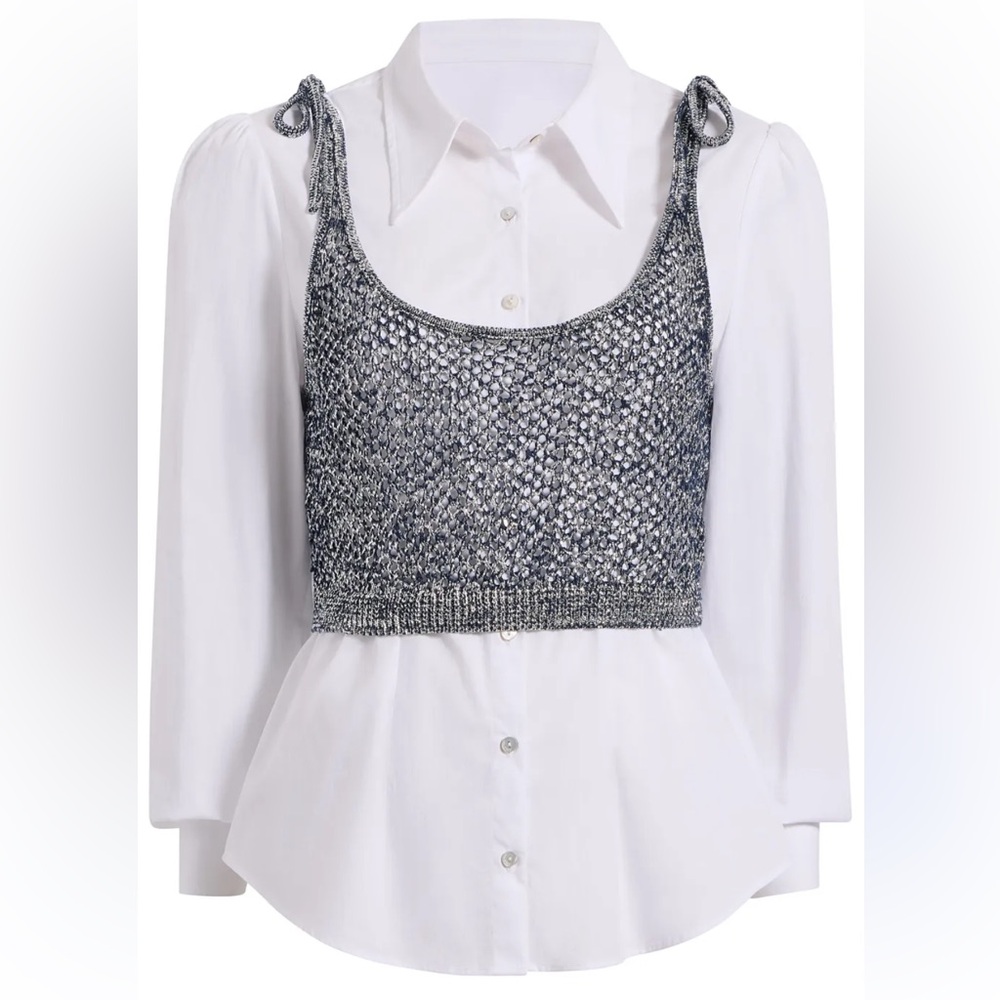 Cinq à Sept Elodie Layered Shirt Long Sleeve XL Crochet Vest